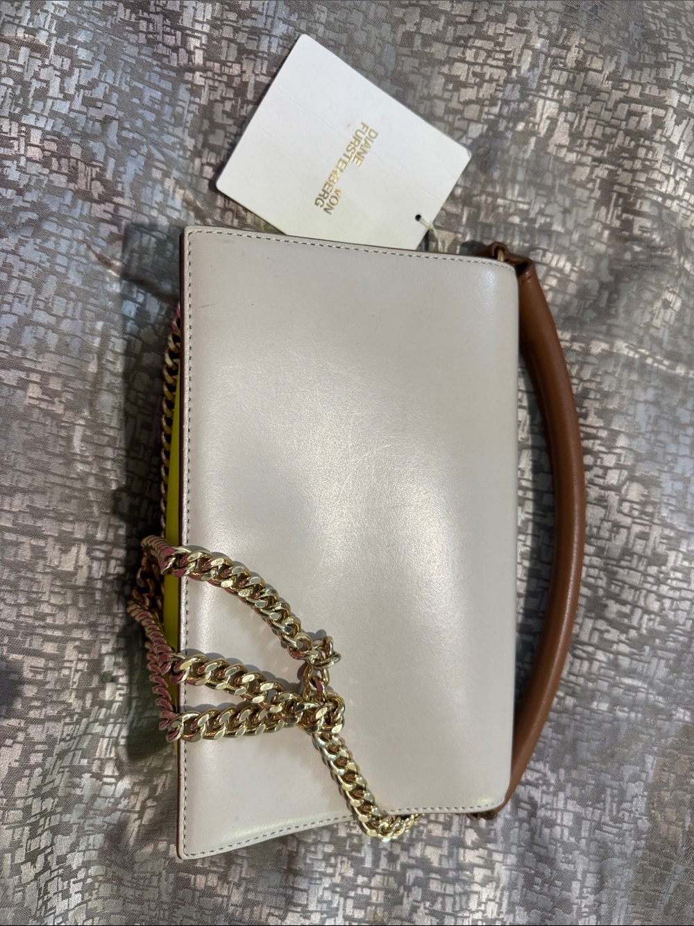 Diane Von Furstenberg Cream Body Tan Top-Handle Crossbody with Gold Chain